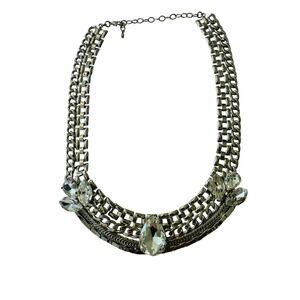 Chunky Layered Chain Necklace Statement Rhinestone Bib Silver Tone